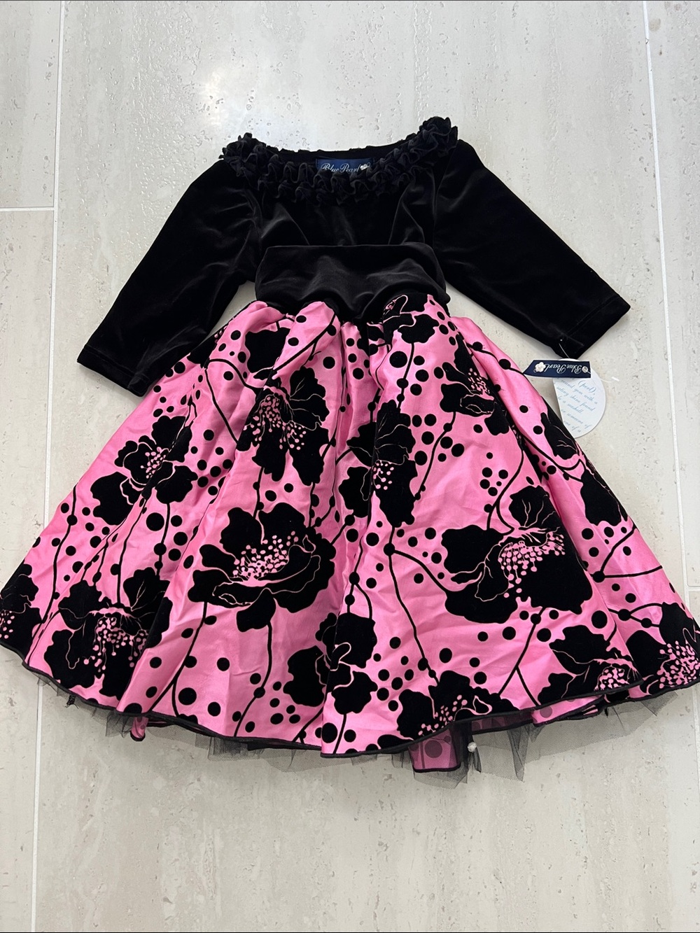 Blueberi Boulevard Pink & Black Velvet Floral Party Dress for Girls